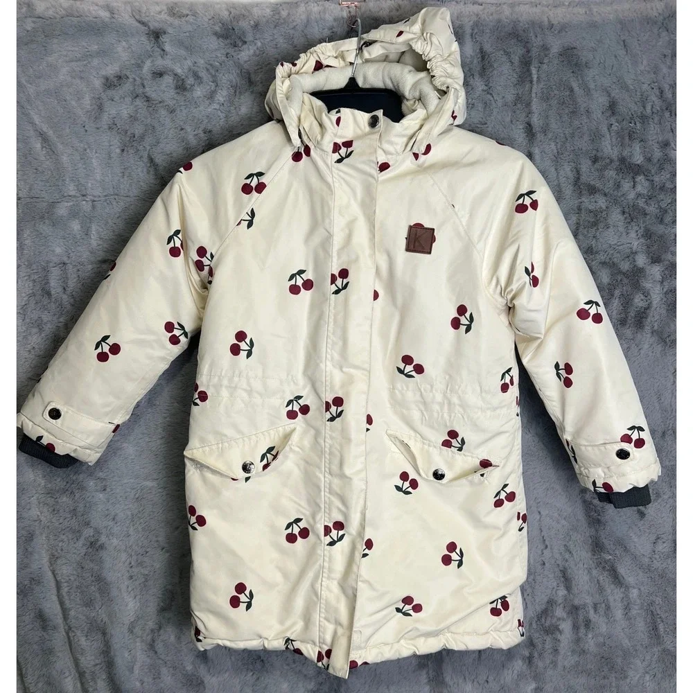 Kuling Kids Cherry Print Waterproof Winter Parka Cream Red Size 10 Hooded Jacket